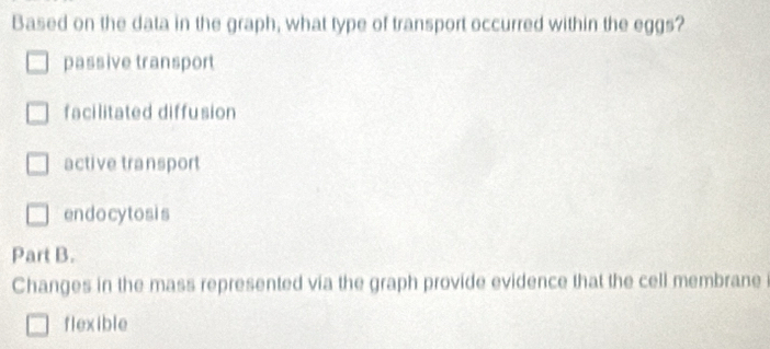 Based on the data in the graph, what type of transport occurred within the eggs?
passive transport
facilitated diffusion
active transport
endocytosis
Part B.
Changes in the mass represented via the graph provide evidence that the cell membrane 
flexible