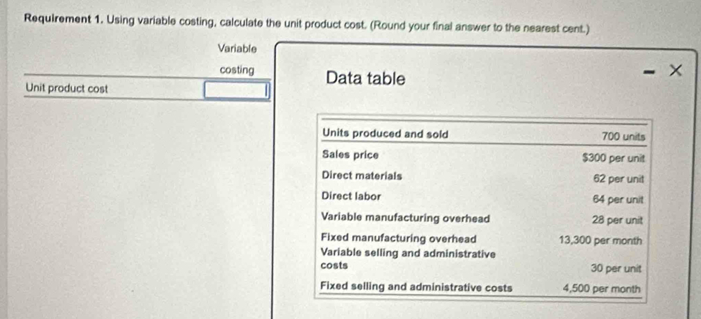 Requirement 1. Using variable costing, calculate the unit product cost. (Round your final answer to the nearest cent.) 
Variable 
costing Data table 
Unit product cost 
Units produced and sold 700 units 
Sales price $300 per unit 
Direct materials 62 per unit 
Direct labor 64 per unit 
Variable manufacturing overhead 28 per unit 
Fixed manufacturing overhead 13,300 per month
Variable selling and administrative 
costs 30 per unit 
Fixed selling and administrative costs 4,500 per month