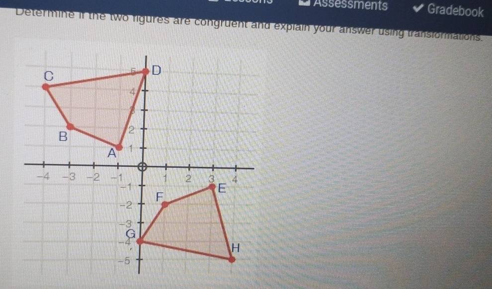 Assessments Gradebook 
Determine if the two figures are congruent and explain your answer using transiormations.