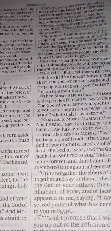 exodus 2, 3
y have you left the B' and I have come down to deliver
at he may eat bread." them out of the hand of the Egyptians
as content to dwell and to bring them up out of that land
d he gave Moses his to a good and broad land, a land flow-
1
ing with milk and honey, to the place
to a son, and he of the Canaanites, the Hittites, the Am-
burner in a foreign the Jebusites. orites, the Perizzites, the Hivites, and
rshom, for he said.
9^2 'And now, behold, the cry of the
any days the king people of Israel has come to me, and
he people of Israel I have also seen the oppression with
heir cry for rescue which the Egyptians oppress them.
their slavery and
10'' Come, I will send you to Pharaoh
that you may bring my people, the chil
11But Moses said to God, "Who am
is covenant with eir groaning, and p to God.
dren of Israel, out of Egypt."
, and with Jacob. I that I should go to Pharaoh and bring
le of Israel— and the children of Israel out of Egypt?"
12He said, “But I will be with you,
and this shall be the sign for you, that
R 3 I have sent you: when you have brough
ing the flock of the people out of Egypt, you shall serv
ro, the priest of God on this mountain."
flock to the west 13 Then Moses said to God, “If I com
and came to Ho- to the people of Israel and say to ther
od. ‘The God of your fathers has sent n
Lord appeared to you,’ and they ask me, ‘What is h
fire out of the name?' what shall I say to them?”
oked, and be- 14 God said to Moses, “I am whо I an
ning, yet it was And he said, “Say this to the people
Israel, ‘I Am has sent me to you.’”
will turn aside 15God also said to Moses, “Say t
why the bush to the people of Israel, ‘The LORD,
God of your fathers, the God of A
hat he turned ham, the God of Isaac, and the Go
to him out of Jacob, has sent me to you.’ This is
'And he said, name forever, and thus I am to b
membered throughout all generat
come near; 16'' Go and gather the elders of I
feet, for the together and say to them, ‘The I
ding is holy the God of your fathers, the G
Abraham, of Isaac, and of Jaco
God of your appeared to me, saying, “I ha
, the God of served you and what has beer
." And Mo- to you in Egypt,
s afraid to a  17 “ ‘ “and I promise that I wil
you up out of the affliction o