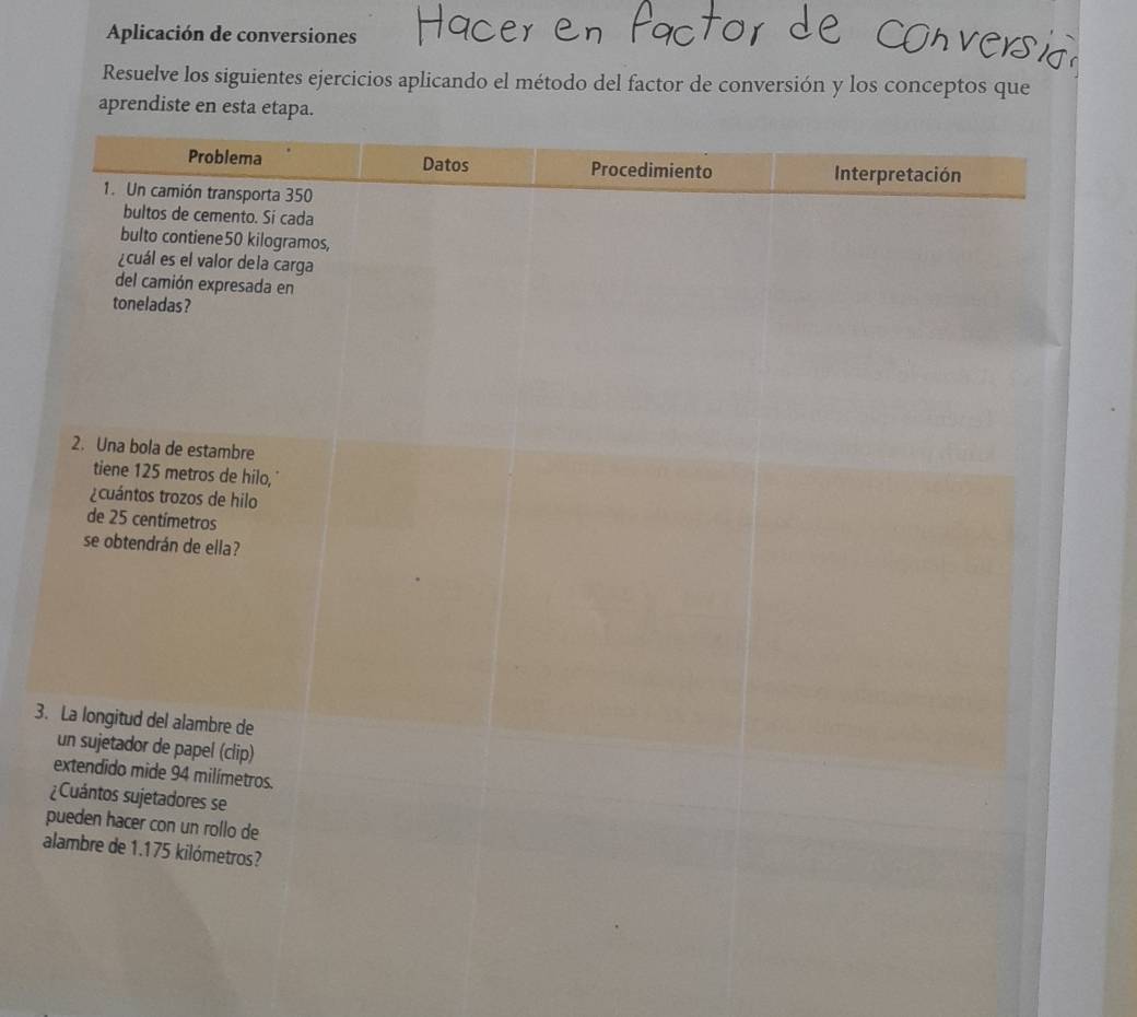 Aplicación de conversiones 
Resuelve los siguientes ejercicios aplicando el método del factor de conversión y los conceptos que 
apre 
3.