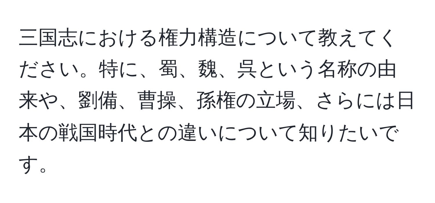 三国志における権力構造について教えてください。特に、蜀、魏、呉という名称の由来や、劉備、曹操、孫権の立場、さらには日本の戦国時代との違いについて知りたいです。