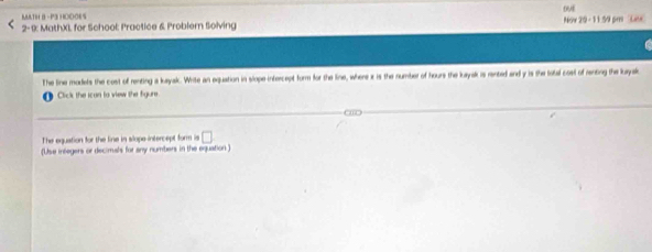 MATH B - P3 HO0OES ouf 
2-1: MathXL for School: Practice & Problem Solving Now 29 - 11.59 pm 'Gio' 
The line models the cost of renting a kayak. Wite an equation in slope intercept form for the line, where i is the number of hours the kayak is rented and y is the total cosl of renting the luayak 
Click the ican to view the figure 
The equation for the line in slope intercept form is □ 
(Use inlegers or decimals for any numbers in the equation )