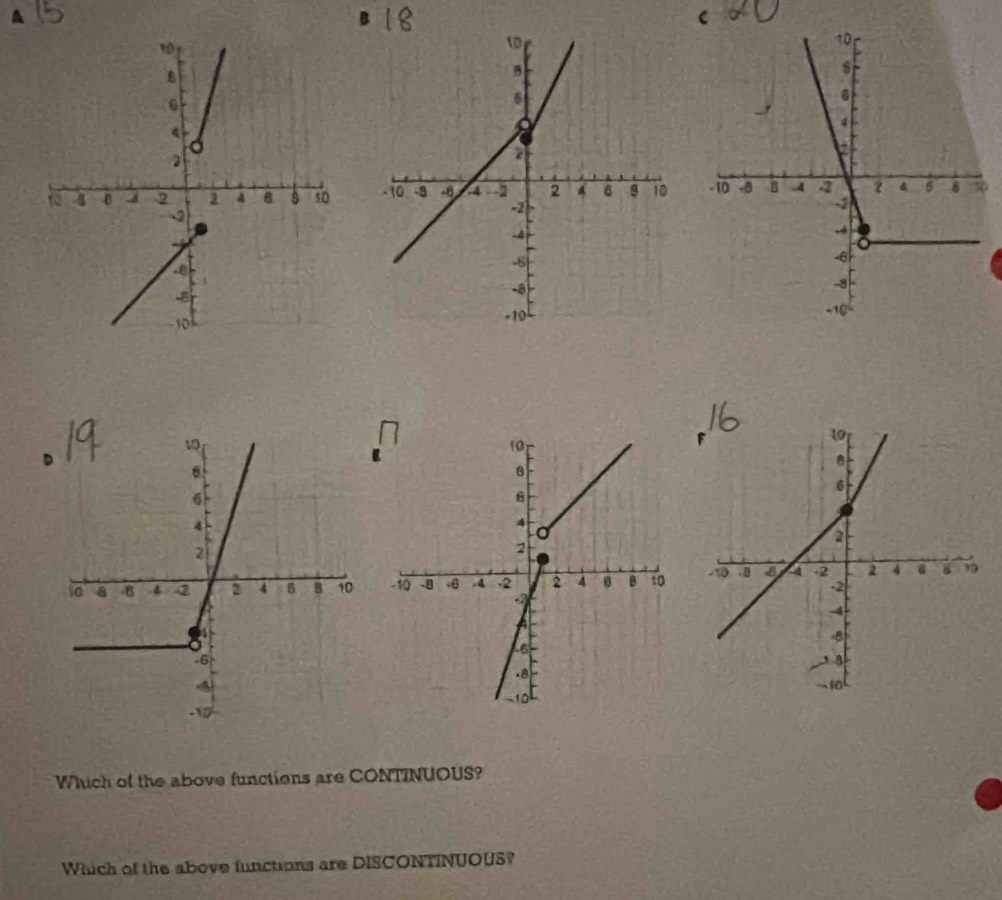 A 
0 

Which of the above functions are CONTINUOUS? 
Which of the above functions are DISCONTINUOUS?