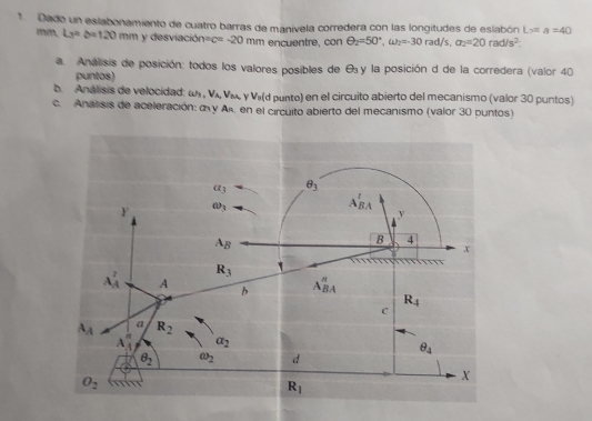 Dado un eslabonamiento de cuatro barras de manívela corredera con las longitudes de eslabón Lo=a=40
mn, L_3=b=120mmydesviacion=c=-20mm encuentre. con θ _2=50°,omega _2=30rad/s,a_2=20rad/s^2
a. Análisis de posición: todos los valores posibles de θ _3 y la posición d de la corredera (valor 40
puntos)
b. Análisis de velocidad: (u)_A,,V_BA V_o d punto) en el circuito abierto del mecanismo (valor 30 puntos)
c. Analisis de aceleración: α y Ak, en el circuito abierto del mecanismo (valor 30 puntos)