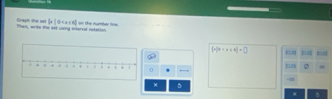 Graph the se  x|0
Then, write the set using interval notation on the number line.
 x|a □□ o n
□□ 0
。 —
=∞
5
x