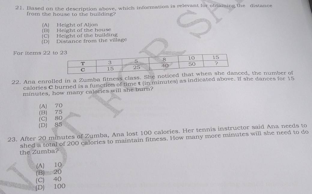 Based on the description above, which information is relevant for obtaining the distance
from the house to the building?
(A) Height of Aljon
(B) Height of the house
(C) Height of the building
(D) Distance from the village
For items 22 
22. Ana enrolled in a Zumba fitness class. Shd, the number of
calories C burned is a function of time t (in minutes) as indicated above. If she dances for 15
minutes, how many calories will she burn?
(A) 70
(B) 75
(C) 80
(D) 85
23. After 20 minutes of Zumba, Ana lost 100 calories. Her tennis instructor said Ana needs to
shed a total of 200 calories to maintain fitness. How many more minutes will she need to do
the Zumba?
(A) 10
(B) 20
(C) 40
(D) 100