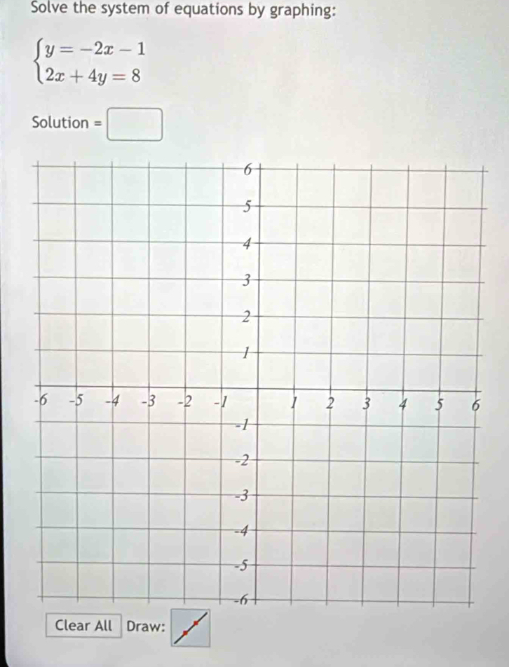 Solve the system of equations by graphing:
beginarrayl y=-2x-1 2x+4y=8endarray.
Solution =□ 
Clear All Draw: