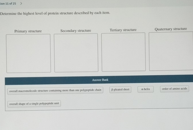ion 11 of 25
Determine the highest level of protein structure described by each item.
Primary structure Secondary structure Tertiary structure Quaternary structure
Answer Bank
overall macromolecule structure containing more than one polypeptide chain β -pleated sheet α -helix order of amino acids
overall shape of a single polypeptide unit