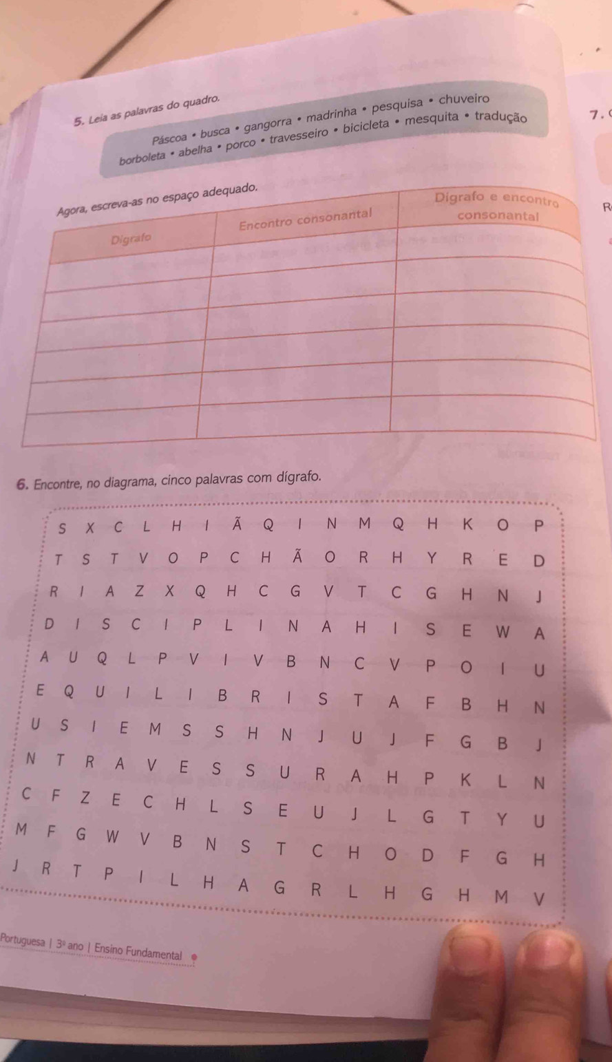 Leia as palavras do quadro. 
Páscoa é busca • gangorra • madrinha • pesquisa • chuveiro 
borboleta • abelha • porco • travesseiro • bicicleta • mesquita • tradução 7.( 
R 
6. Encontre, no diagrama, cinco palavras com dígrafo. 
M 
J 
Portuguesa | 3º ano | Ensino Fundamental