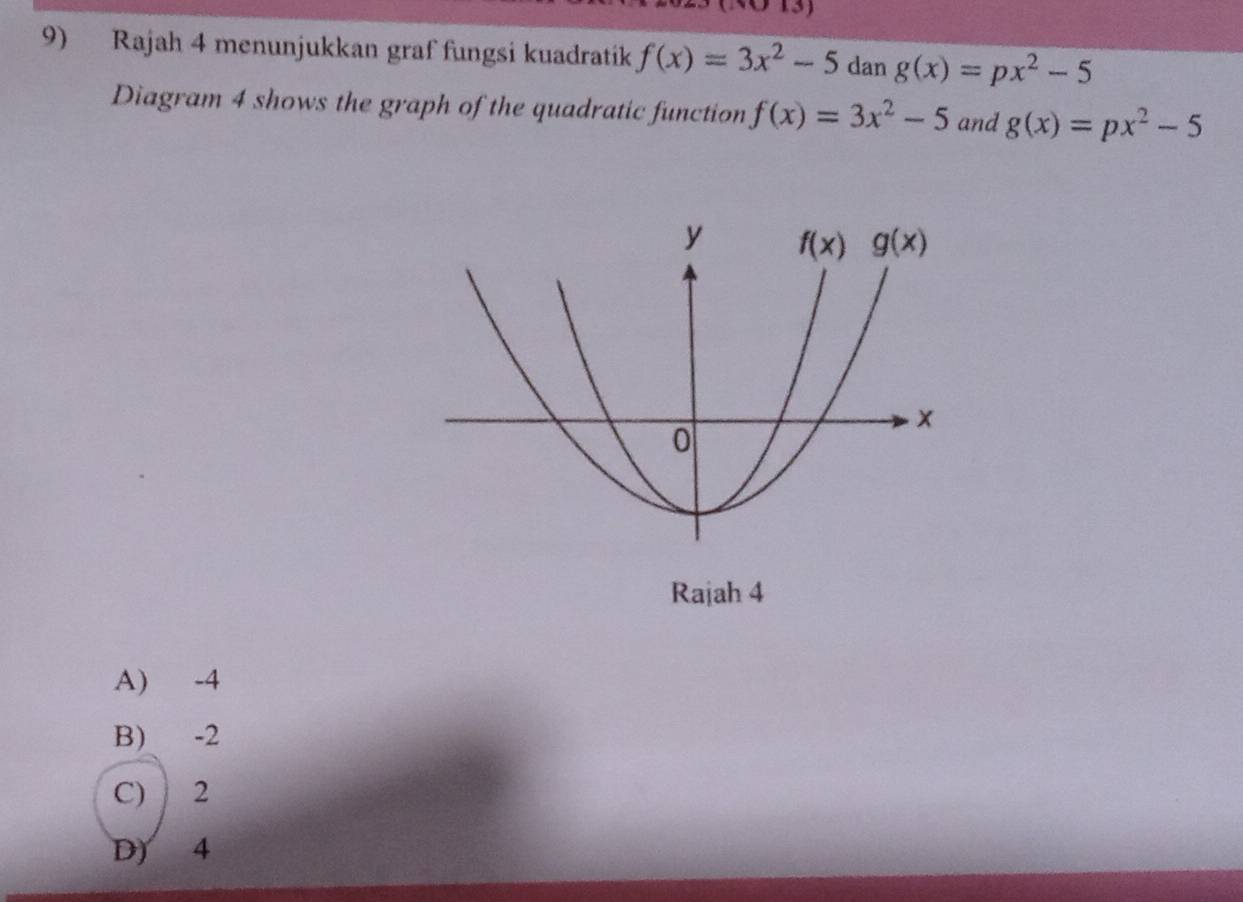 Rajah 4 menunjukkan graf fungsi kuadratik f(x)=3x^2-5 dan g(x)=px^2-5
Diagram 4 shows the graph of the quadratic function f(x)=3x^2-5 and g(x)=px^2-5
Rajah 4
A) -4
B) -2
C) 2
D) 4