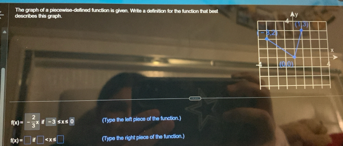 The graph of a piecewise-defined function is given. Write a definition for the function that best 
describes this graph.
3,2
x
(0 o
f(x)=- 2/3 xif-3 ≤x≤ o widehat  (Type the left piece of the function.)
f(x)=□ if□ (Type the right piece of the function.)