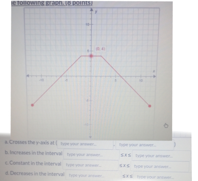 following graph. (8 points)
a. Cros
b. Increases in the interval type your answer... ≤ x≤ type your answer...
c. Constant in the interval type your answer... ≤ X≤ type your answer...
d. Decreases in the interval type your answer... ≤ x≤ type your answer...