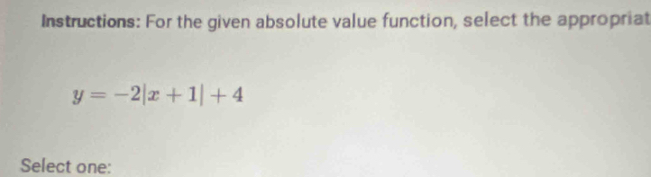 Instructions: For the given absolute value function, select the appropriat
y=-2|x+1|+4
Select one: