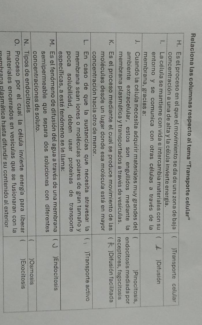 Relaciona las columnas respecto 
materiales 
membrana plasmática hasta difundir su contenido al exterior