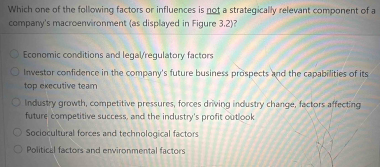 Which one of the following factors or influences is not a strategically relevant component of a
company's macroenvironment (as displayed in Figure 3.2)?
Economic conditions and legal/regulatory factors
Investor confidence in the company's future business prospects and the capabilities of its
top executive team
Industry growth, competitive pressures, forces driving industry change, factors affecting
future competitive success, and the industry's profit outlook
Sociocultural forces and technological factors
Political factors and environmental factors