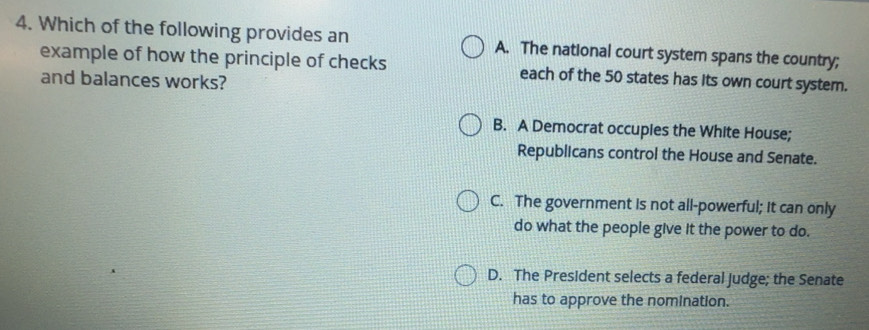 Gelöst:Which of the following provides an A. The national court system ...