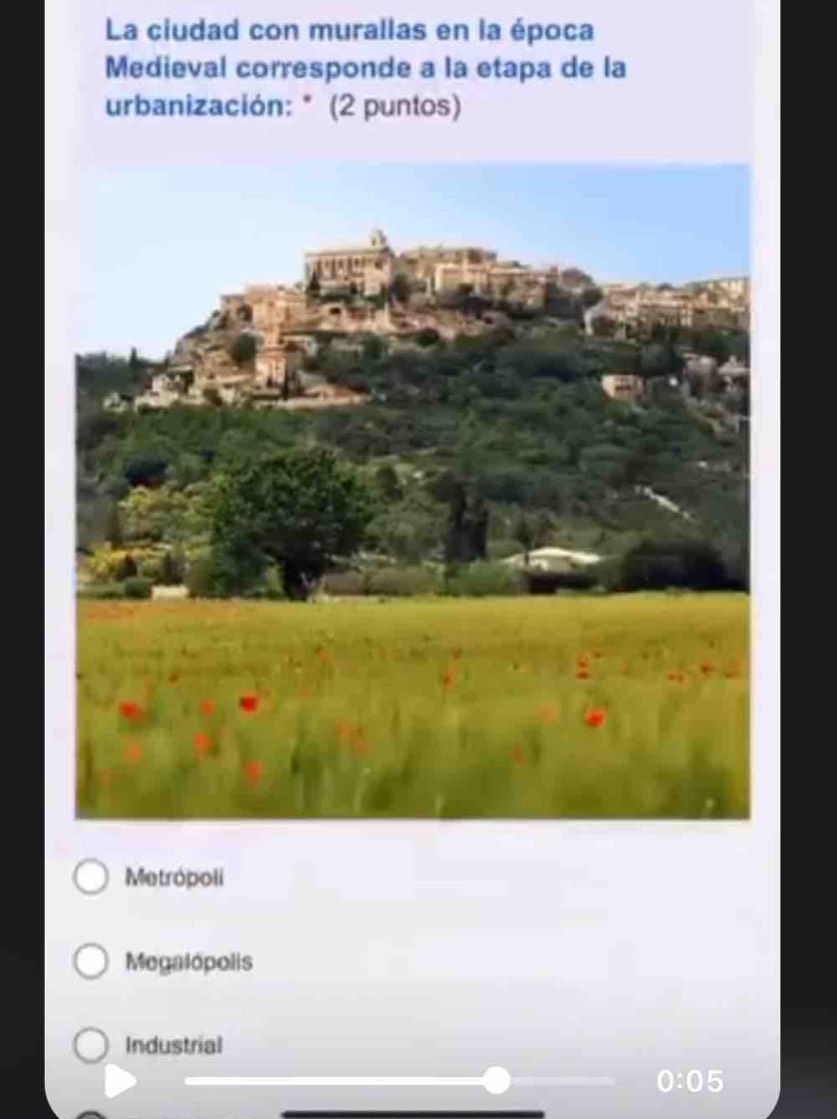 La ciudad con murallas en la época
Medieval corresponde a la etapa de la
urbanización: * (2 puntos)
Metrópoli
Megalopolis
Industrial
0:05