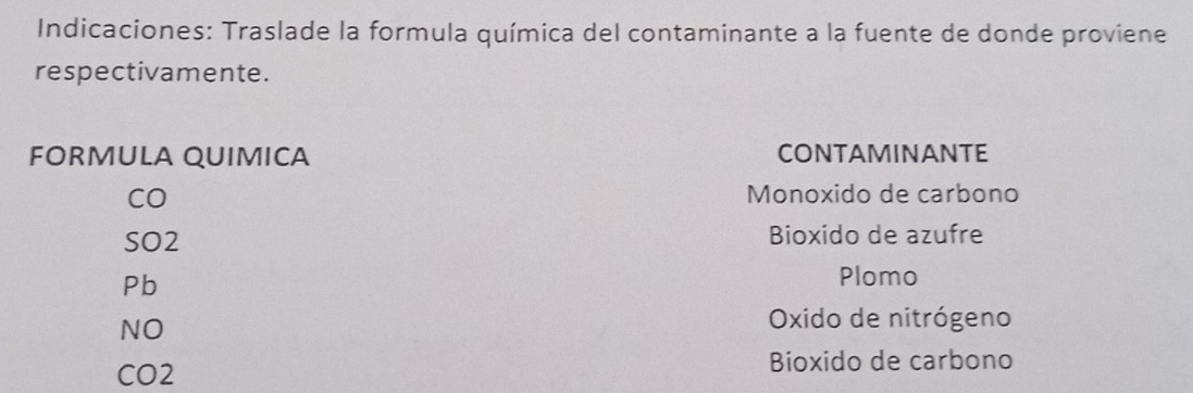 Indicaciones: Traslade la formula química del contaminante a la fuente de donde proviene
respectivamente.
FORMULA QUIMICA CONTAMINANTE
CO Monoxido de carbono
SO2 Bioxido de azufre
Pb
Plomo
NO
Oxido de nitrógeno
CO2 Bioxido de carbono