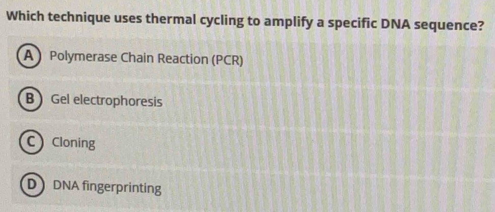 Which technique uses thermal cycling to amplify a specific DNA sequence?
A Polymerase Chain Reaction (PCR)
B Gel electrophoresis
CCloning
D DNA fingerprinting