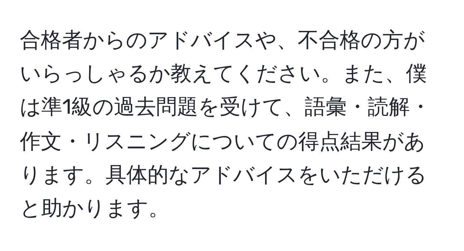 合格者からのアドバイスや、不合格の方がいらっしゃるか教えてください。また、僕は準1級の過去問題を受けて、語彙・読解・作文・リスニングについての得点結果があります。具体的なアドバイスをいただけると助かります。