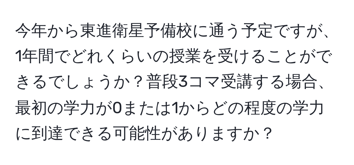 今年から東進衛星予備校に通う予定ですが、1年間でどれくらいの授業を受けることができるでしょうか？普段3コマ受講する場合、最初の学力が0または1からどの程度の学力に到達できる可能性がありますか？