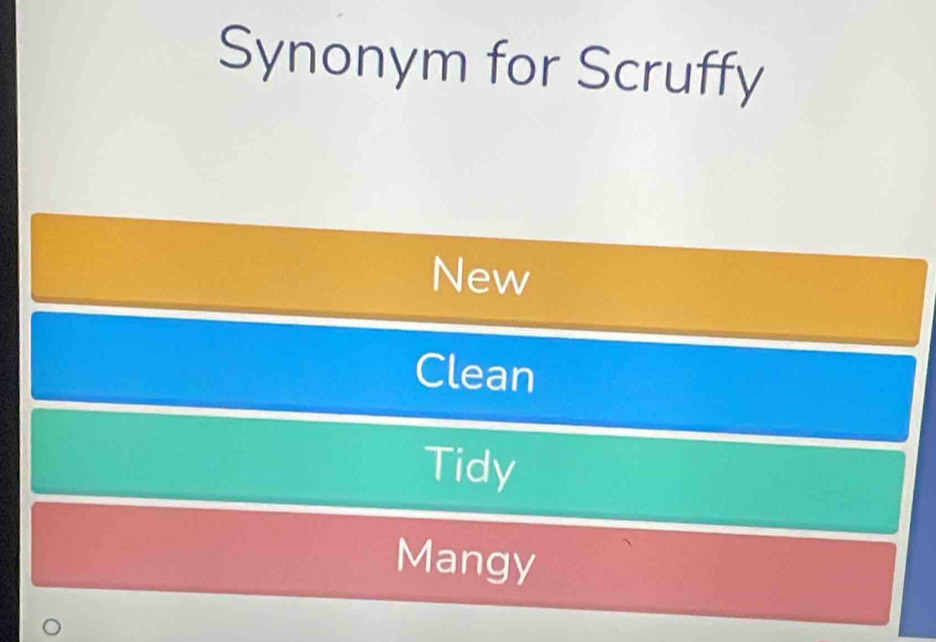 Synonym for Scruffy
New
Clean
Tidy
Mangy