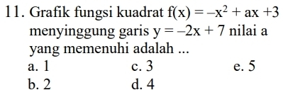 Grafik fungsi kuadrat f(x)=-x^2+ax+3
menyinggung garis y=-2x+7 nilai a
yang memenuhi adalah ...
a. 1 c. 3 e. 5
b. 2 d. 4