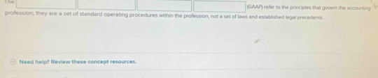 the (GAAP) refer to the principles that govern the accounting 
profession; they are a set of standard operating procedures within the profession, not a set of laws and established legal precedents 
Need help? Review these concept resources.