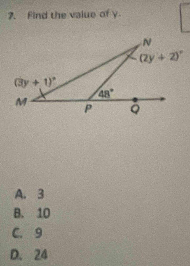 Find the value of y.
A. 3
B. 10
C. 9
D. 24