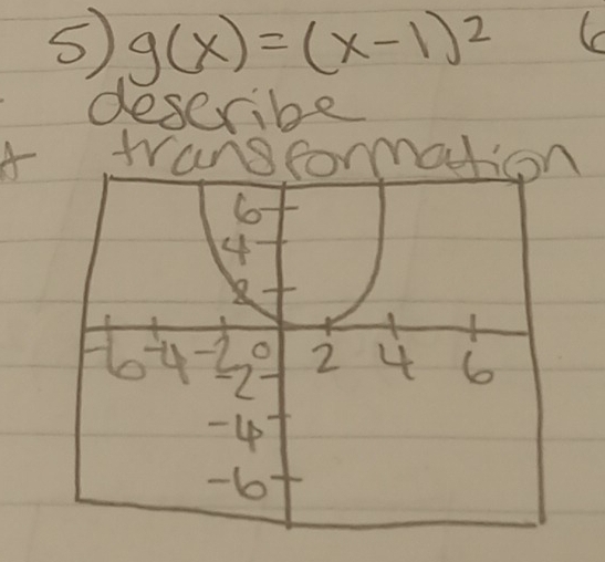 5 g(x)=(x-1)^2 C 
describe 
transcormation