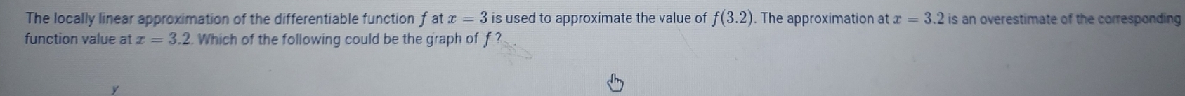 The locally linear approximation of the differentiable function f at x=3 is used to approximate the value of f(3.2). The approximation at x=3.2 is an overestimate of the corresponding 
function value at x=3.2. Which of the following could be the graph of f ?