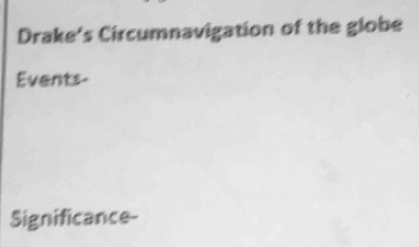 Drake's Circumnavigation of the globe 
Events- 
Significance-