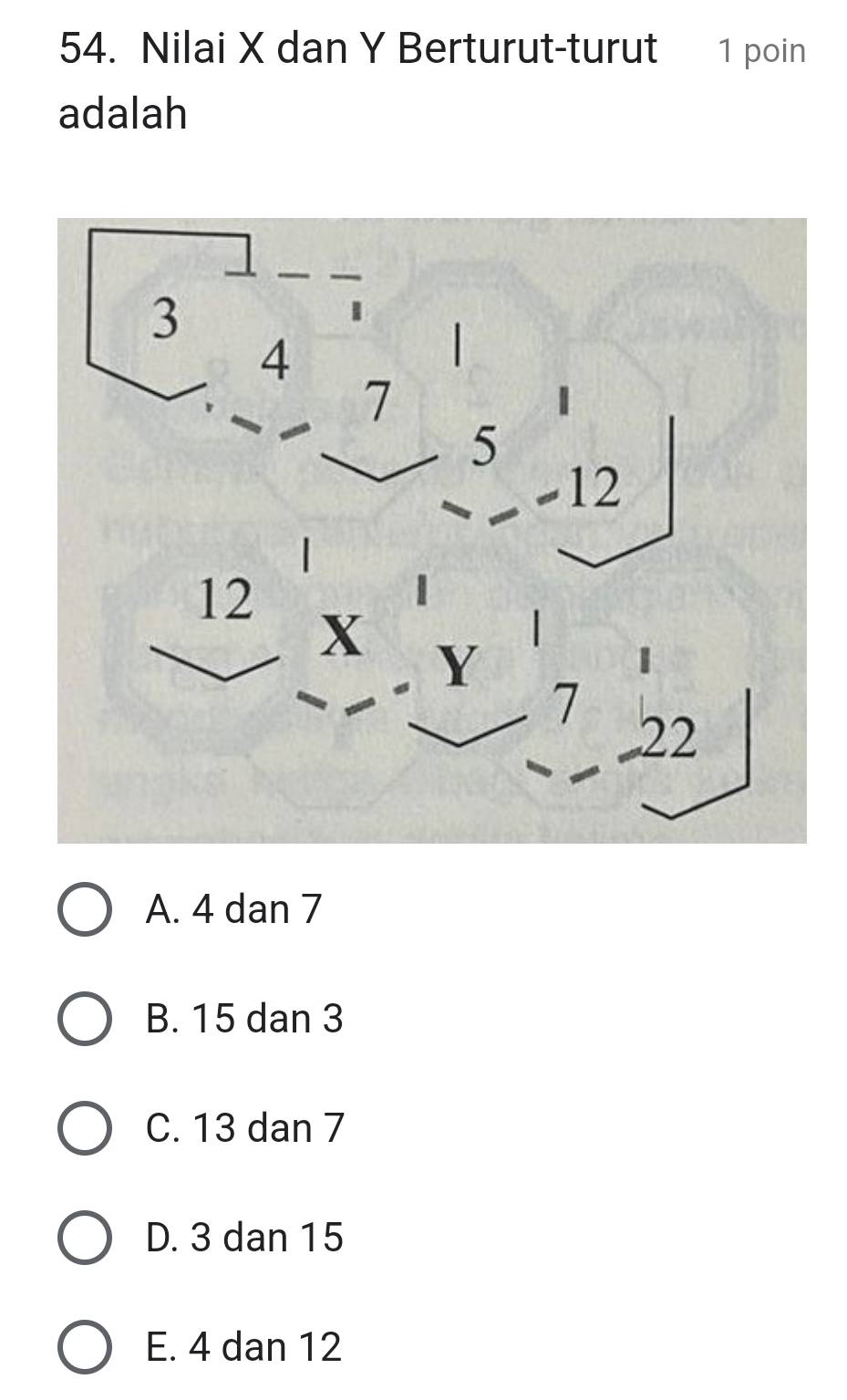 Nilai X dan Y Berturut-turut 1 poin
adalah
A. 4 dan 7
B. 15 dan 3
C. 13 dan 7
D. 3 dan 15
E. 4 dan 12