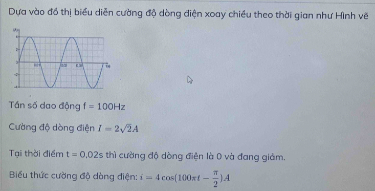 Dựa vào đồ thị biểu diễn cường độ dòng điện xoay chiều theo thời gian như Hình vẽ 
Tần số dao động f=100Hz
Cường độ dòng điện I=2sqrt(2)A
Tại thời điểm t=0,02s thì cường độ dòng điện là 0 và đang giảm. 
Biểu thức cường độ dòng điện: i=4cos (100π t- π /2 )A