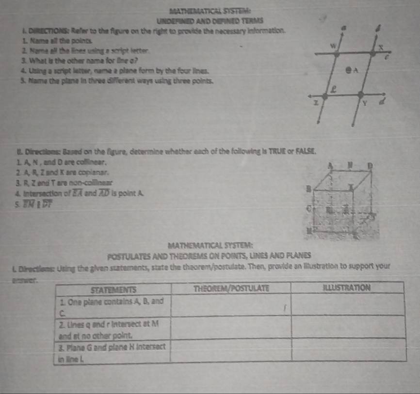 MATMEMATICAL SYSTBM
UNDEFINED AND DEFINED TERMS
I. DIRECTIONS: Refer to the figure on the right to provide the necessary information.
1. Name all the points
2. Nama all the lines using a script lecter.
3. What is the other nama for line o?
4. Using a script letter, name a plane form by the four lines. 
5. Mame the plane in three different ways using three points.
lI. Directions: Based on the figure, determine whether each of the following is TRUE or FALSE.
1. A, N , and D are collinear.
2 A, R, Z and K are copianar.
3. R, Z and T are non-colllnear
4. Intersection of overline EA and overline AD is point A.
5 overline EH LDF
MATHEMATICAL SYSTEM:
POSTULATES AND THEOREMS ON POINTS, LINES AND PLANES
L Directions: Using the given statements, state the theorem/postulate. Then, provide an illustration to support your
end