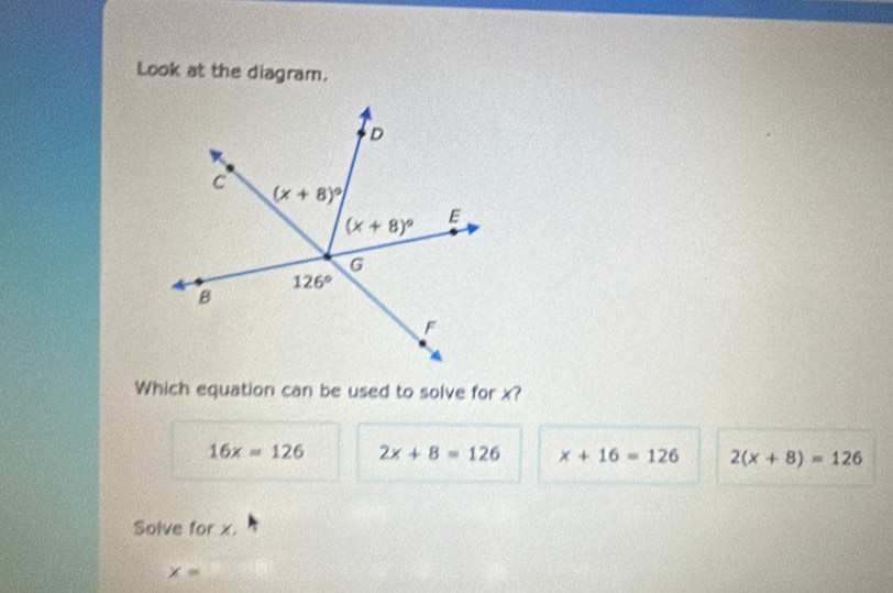 Look at the diagram.
Which equation can be used to solve for x?
16x=126 2x+8=126 x+16=126 2(x+8)=126
Solve for x.
x=