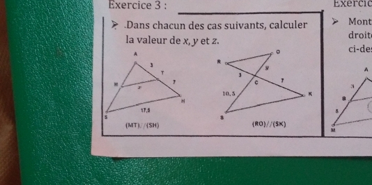 Exercio
.Dans chacun des cas suivants, calculer Mont
droit
la valeur de x, y et z.ci-de:
(MT)/(SH)