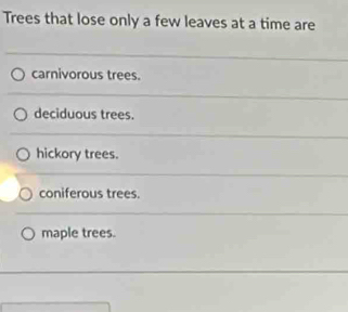 Trees that lose only a few leaves at a time are
carnivorous trees.
deciduous trees.
hickory trees.
coniferous trees.
maple trees.