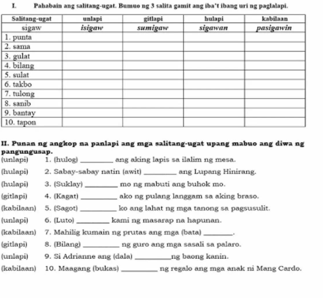 Solved: Pahabain ang salitang-ugat. Bumuo ng 3 salita gamit ang iba’t ...