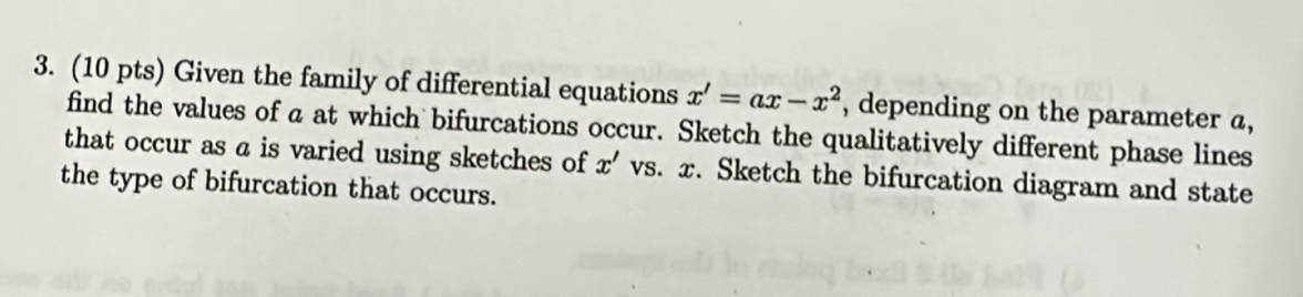 Given the family of differential equations x'=ax-x^2 , depending on the parameter a, 
find the values of a at which bifurcations occur. Sketch the qualitatively different phase lines 
that occur as a is varied using sketches of x'vs s. x. Sketch the bifurcation diagram and state 
the type of bifurcation that occurs.