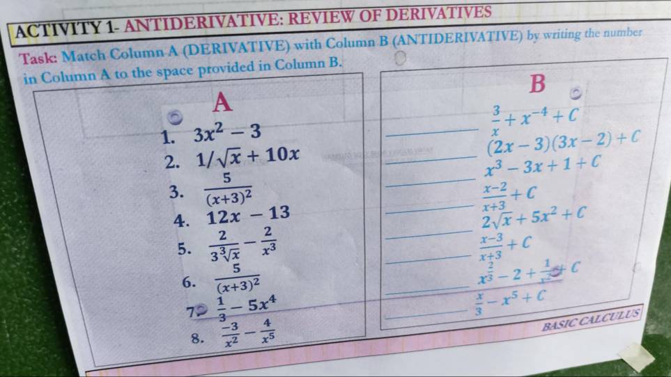 ACTIVITY 1- ANTIDERIVATIVE: REVIEW OF DERIVATIVES
n A (DERIVATIVE) with Column B (ANTIDERIVATIVE) by writing the number