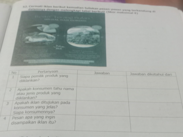 5 2. Cermati iklan berikut kemudian tuliskan pesan-pesan yang terkandung di 
dalamnya dengan r maksima! 6)