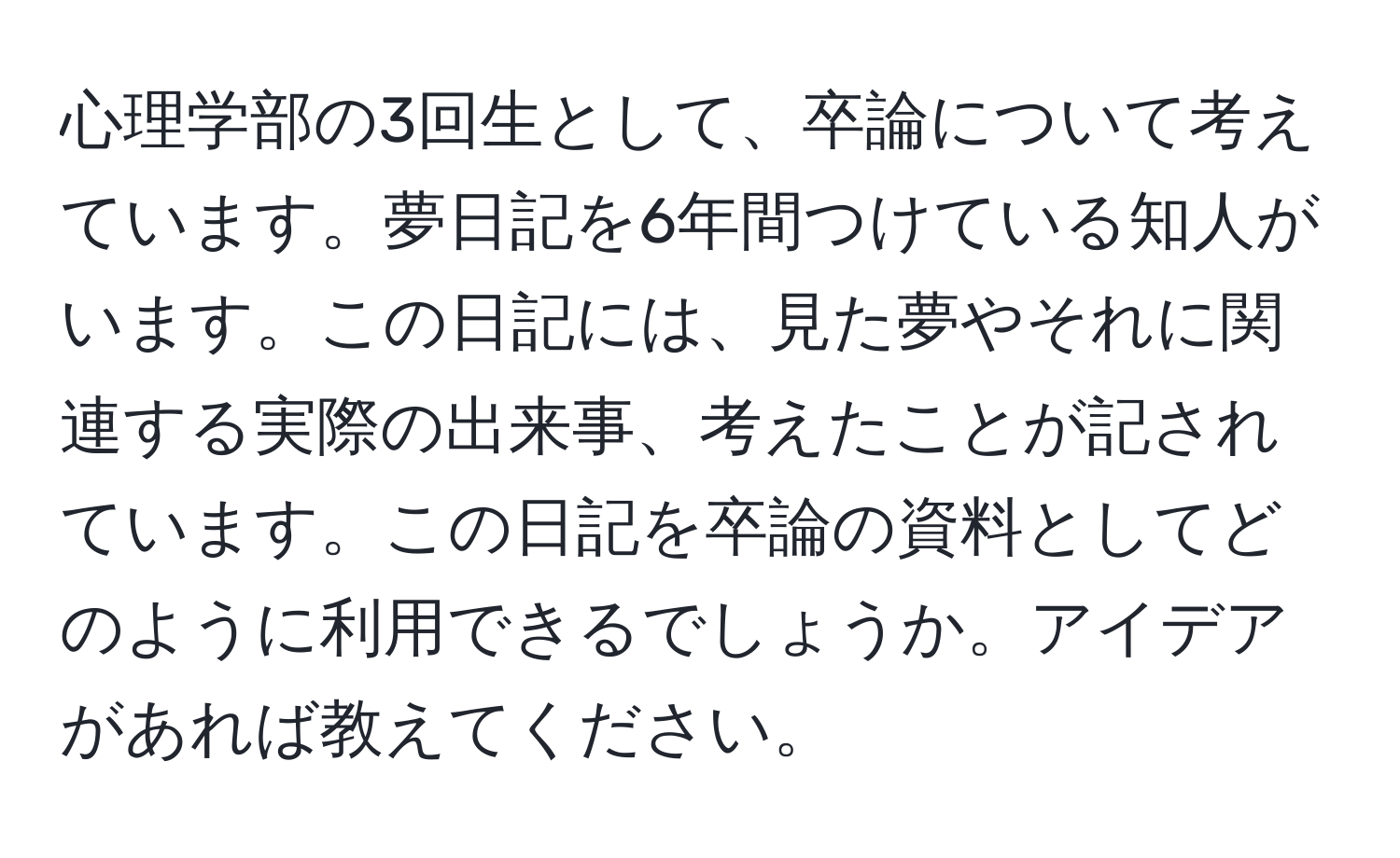 心理学部の3回生として、卒論について考えています。夢日記を6年間つけている知人がいます。この日記には、見た夢やそれに関連する実際の出来事、考えたことが記されています。この日記を卒論の資料としてどのように利用できるでしょうか。アイデアがあれば教えてください。