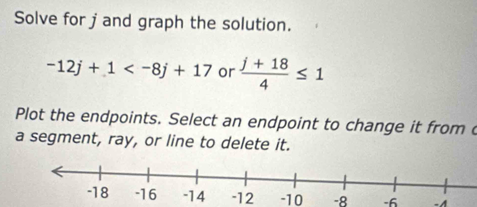 Solve for j and graph the solution.
-12j+1 or  (j+18)/4 ≤ 1
Plot the endpoints. Select an endpoint to change it from c 
a segment, ray, or line to delete it.
-12 -10 -8 -6 -A