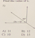 Find the value of x.
A) 11 B) 12
C) 10 D) 15