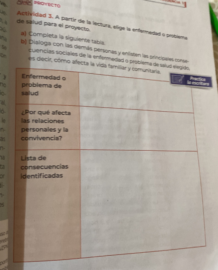 ats PROYECTO 
Le Actividad 3. A partir de la lectura, elige la enfermedad o problema 
a de salud para el proyecto. 
Dú. 
a) Completa la siguiente tabla. 
na b) Dialoga con las demás personas y enlisten las principales conse 
se cuencias sociales de la enfermedad o 
On es decir, cómo 
y 
s 
no 
io- 
al 
o. 
le 
n- 
as 
n- 
ha 
ta 
or 
li- 
2S 
1so º 
ereb 
IZPN 
part