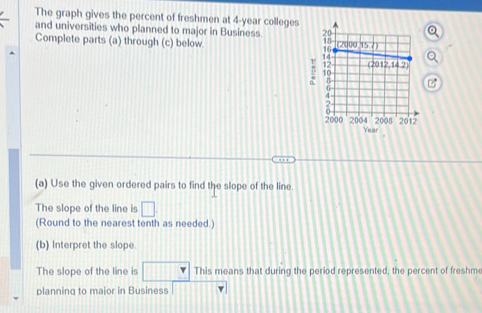 The graph gives the percent of freshmen at 4-year colleges
and universities who planned to major in Business. 
Complete parts (a) through (c) below. 
Year
(a) Use the given ordered pairs to find the slope of the line.
The slope of the line is □ .
(Round to the nearest tenth as needed.)
(b) Interpret the slope.
The slope of the line is □ This means that during the period represented, the percent of freshme
planning to maior in Business || overline Y