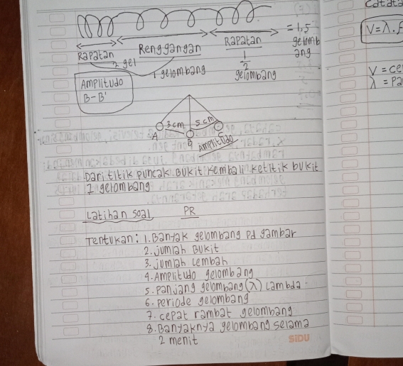 cotdto
=1.5 V=lambda · f
Rapatan 
Rapatan Renggangan getomb 
get 
AmplitUdo I gelombang  1/2 
ang 
gelombang
V=ce
lambda =P2
B-B'
3 cm scm
A 
B americado 
Darititik puncak. BUkit kembaliketitik bukit 
I gerombang 
Latihan soal PR 
rentukan: 1. Ban+ak gelombang Pd gambar 
2. jumah BUkit 
3. jumiah lembah 
9. Amplitudo gelombang 
5. panjang gelombang ( ) cambda 
6. periade gelombang 
3. cepat rambat gelombang 
8. Banyaknya gelombang selama 
2 menit