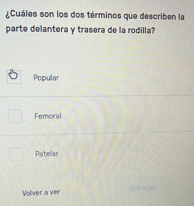 ¿Cuáles son los dos términos que describen la
parte delantera y trasera de la rodilla?
Popular
Femoral
Patelar
Entregar
Volver a ver